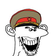 army clothes communism ear hammer_and_sickle hat kgb kuz laughing military military_beret military_cap open_mouth russia soviet_union soyjak star stubble subvariant:splicejak variant:impish_soyak_ears // 513x513 // 46.1KB