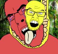2soyjaks angry animal bloodshot_eyes calculus_cobsonus crying dead fangs glasses jungle monkey open_mouth red snake soyjak stubble tongue variant:cobson variant:feraljak yellow // 768x719 // 356.2KB