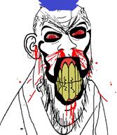 angry blood bloodshot_eyes blue_hair clenched_teeth clothes cracked_teeth distorted ear face_paint glasses metal_(music) mudvayne nosebleed nu_metal red_eyes soyjak stretched_mouth stubble subvariant:feralrage variant:feraljak vein yellow_teeth // 798x916 // 397.4KB