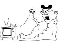 arm clothes disney fat full_body gamer glasses hand hands_up holding_object nes open_mouth soyjak television variant:unknown // 1170x838 // 123.7KB
