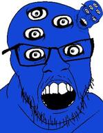 2soyjaks blue_skin deformed glasses multiple_eyes mustache open_mouth soyjak stubble variant:feraljak // 236x305 // 108.8KB