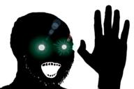 black_skin glowing glowing_eyes hand hands_up inverted open_mouth soyjak stubble thougher variant:soyak // 612x408 // 57.7KB