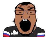 adidas angry brown_eyes brown_skin clothes country flag hair open_mouth russia soyjak subvariant:science_lover variant:markiplier_soyjak // 800x600 // 57.7KB