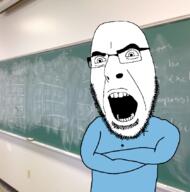 arm blackboard blue_shirt chalkboard clothes crossed_arms glasses irl_background open_mouth soyjak stubble teacher variant:cobson // 839x850 // 418.8KB