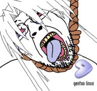 anime bloodshot_eyes g_(4chan) gentoo glasses hair hanging linux open_mouth rope soyjak stubble technology teeth tongue tranny variant:bernd white_hair yellow // 768x719 // 142.0KB