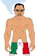 arm brown_skin buff closed_mouth clothes country ear fascism flag full_body glasses hair hand italy manlet mustache nsfw penis small_penis soyjak speech_bubble_empty subvariant:chudjak_front subvariant:obsessedchud twp variant:chudjak // 817x951 // 169.7KB