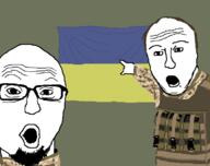 2soyjaks bald balding beard bulletproof_vest camouflage flag flag:ukraine glasses malorussian_flag military military_uniform open_mouth pointing redraw russo_ukrainian_war ukraine variant:two_pointing_soyjaks // 750x593 // 30.4KB
