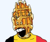 belgium countrywar flag flag:belgium food glasses open_mouth soyjak stubble teeth variant:parrotjak waffles // 682x576 // 28.4KB
