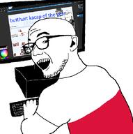 alarm angry booru clothes coal computer country ear flag glasses hand holding_object meta multiple_soyjaks open_mouth paint_net poland polish_text putnuballe russia screen soyjak stubble text tshirt variant:gapejak variant:zoomer_on_computer // 846x852 // 80.7KB