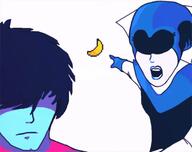 2soyjaks arm banana blue_skin closed_mouth clothes deltarune female hair hand open_mouth pointing soy_parody soyjak variant:two_pointing_soyjaks video_game // 604x477 // 150.6KB