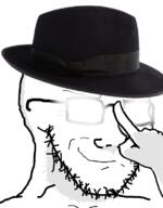closed_mouth clothes fedora glasses glowing glowing_eyes glowing_glasses hand hat smile smug soyjak stubble variant:classic_soyjak // 618x789 // 228.4KB