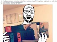 glasses hand holding_object irl nintendo nintendo_switch open_mouth reddit soyjak stubble text variant:unknown video_game zelda // 625x461 // 348.9KB