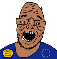 award bloodshot_eyes brown_skin clothes dirty_mouth euromutt european_union glasses open_mouth soyjak stubble text variant:unknown // 447x469 // 26.7KB