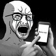 ai_generated bald bloodshot_eyes chest_hair crying dark glasses hand holding_object holding_phone iphone open_mouth phone pointing stubble teeth variant:cryboy_soyjak variant:soyak // 1024x1024 // 93.4KB