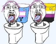 2soyjaks flag:non-binary_pride_flag flag:transgender_pride_flag glasses open_mouth pentagram purple_hair skibidi_toilet soyjak stubble toilet troon variant:bernd yellow_teeth // 858x674 // 54.9KB
