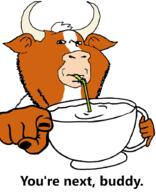 animal biz_(4chan) bull cup drinking drinking_straw ear hand holding_object horn mug orange_skin pointing pointing_at_viewer pointy_ears sip snout soyjak stubble text variant:impish_soyak_ears white_hair // 732x902 // 142.0KB