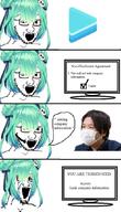4soyjaks anime bloodshot_eyes comic crying facemask glasses green_hair hair headphones hololive open_mouth say_word_money_stolen soyjak speech_bubble stretched_mouth stubble text uruha_rushia variant:soyak vtuber // 608x1059 // 534.7KB