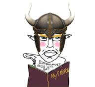 angry blue_eyes blush book bronze_age_pervert closed_mouth ear hair helmet millions_must_die pen pointy_ears soyjak subvariant:chudjak_front text variant:chudjak viking viking_helmet yellow_hair // 700x637 // 286.9KB
