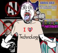 ai_generated arm clothes cryptocurrency elon_musk glasses hair hand i_hate i_heart_nigger metaverse mustache nft open_mouth pointing purple_hair sonic_the_hedgehog soyjak stubble technology text tongue tranny trollface trollge tshirt variant:bernd variant:shirtjak yellow_teeth // 1000x905 // 720.8KB