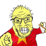 angry arm asian balding bant_(4chan) clenched_teeth clipboard closed_mouth clothes ear femdom femdomcuck flag glasses hair hand holding_object pointing pointing_at_viewer soyjak star tshirt variant:feraljak vietnam wrinkles yellow_skin // 1024x1024 // 209.4KB