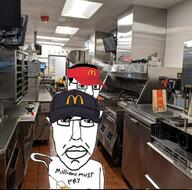 2soyjaks animal arm cap cat closed_mouth clothes fox french_fries glasses gregory hair hand hat holding_object irl_background mcdonalds millions_must_die night_in_the_woods subvariant:chudjak_front text uniform variant:chudjak video_game wagie // 1080x1071 // 177.1KB