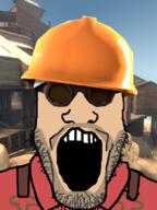 clothes engineer_(tf2) goggles hard_hat hat open_mouth soyjak stubble suspenders team_fortress_2 valve variant:markiplier_soyjak video_game white_skin // 600x800 // 262.7KB