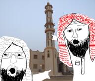 2soyjaks arab arm beard building clothes glasses hand irl_background islam keffiyeh mustache open_mouth pointing soyjak variant:two_pointing_soyjaks // 3071x2616 // 5.1MB