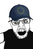 angry black_shirt cap clothes crazed european_union flag flag:european_union glasses hat mustache open_mouth soyjak star_(symbol) stubble variant:feraljak // 399x593 // 37.6KB