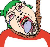 4chan anime bloodshot_eyes clothes crying dead glasses green_hair hair hanging mustache open_mouth rope soyjak stubble suicide tongue tranny variant:gapejak_front white_skin yellow_teeth yotsoyba // 768x719 // 42.2KB