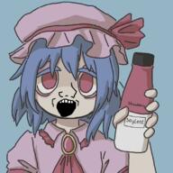 anime arm blue_hair clothes hair hand hat holding_object open_mouth pink_eyes remilia_scarlet soy soyjak soylent touhou variant:classic_soyjak vidya white_skin // 800x800 // 634.8KB