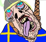 bloodshot_eyes cap clothes country crying flag hair hanging hat horn open_mouth rope soyjak star stubble subvariant:brunetto sweden text tongue variant:bernd viking viking_helmet white_skin yellow_teeth // 485x450 // 203.1KB