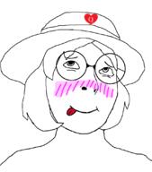 ahegao blush bwc clothes female genderbend glasses hat queen_of_hearts smile soyjak subvariant:female_cobson tongue variant:cobson // 962x1094 // 57.0KB