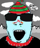 2soyjaks blue_skin closed_mouth clothes cloud drawn_background glasses hat mountain mucus open_mouth smile soyjak stubble sunglasses variant:prnjak variant:unknown winter // 612x740 // 155.4KB