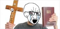 2soyjaks bible book christianity clothes cross crying cuck glasses hand holding_object irl jesus open_mouth soyjak stretched_mouth stubble variant:classic_soyjak // 599x289 // 229.3KB