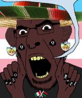 angry black_shirt blacked brown_skin clothes ear glasses hand mexico open_mouth pan_african pedophile queen_of_spades satoko_houjou(namefag) sombrero speech_bubble_empty stubble subvariant:slutson transgender_flag variant:cobson yellow_teeth // 723x861 // 254.2KB