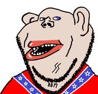 1488 amerimutt blue_sclera clothes confederate ear flag:confederate_states_of_america lips mutt nazism open_mouth red_shirt stubble subvariant:impish_amerimutt variant:impish_soyak_ears white_skin // 743x708 // 110.9KB