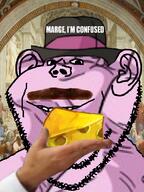 barneyfag cheese clothes don_turtelli ear hand hat marge mustache purple_skin smile soyjak stubble text variant:impish_soyak_ears // 598x800 // 596.2KB