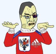acne adidas angry arm balding bird bloodshot_eyes clenched_teeth crying drugs emblem flag hair hand logo missing_teeth poverty russia shaved slave soyjak text track_suit variant:chudjak yellow_skin yellow_teeth // 1333x1281 // 450.1KB