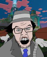 angry brick clothes glasses grey_eyes grey_sclera hair hand hat holding_object inspector_gadget minecraft necktie oneyplays open_mouth robot soyjak stubble variant:feraljak video_game white_skin // 1492x1796 // 1.1MB