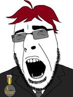 badge clothes glasses hair jerry necktie open_mouth red_hair soyjak spanish_text suit text tinted_glasses variant:cobson // 713x948 // 45.5KB