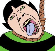 buttercup_(character) cartoon cartoon_network clothes green_eyes hair hanging open_mouth powerpuff_girls rope soyjak suicide tongue variant:bernd yellow_teeth // 768x719 // 25.7KB