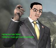 arm chud closed_mouth clothes glasses greentext hair hand holding_object medal metal_gear metal_gear_rising millions_must_die necktie senator_armstrong soyjak suit text the_west_has_fallen variant:chudjak video_game white_skin // 838x720 // 621.0KB