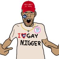 america_first arm badge brown_skin cap clothes ear glasses hand hat heart i_heart_nigger i_love necklace nick_fuentes open_mouth pointing soyjak spade stubble text tranny tshirt variant:shirtjak // 1440x1440 // 123.3KB