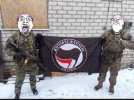 2soyjaks antifa camouflage closed_mouth clothes flag glasses hair mustache open_mouth png purple_hair russia smile soyjak stubble tongue tranny transparent variant:bernd variant:gapejak yellow_teeth z_(russian_symbol) // 640x476 // 164.0KB