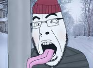 ahegao clothes glasses hat irl_background open_mouth soyjak stubble tongue variant:cobson winter // 1154x834 // 194.3KB
