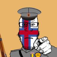 angry arm badge closed_mouth clothes faroe_islands faroese_text flag flag:faroe_islands glasses gun hand hat military pointing pointing_at_viewer rifle soyjak soyjak_party stubble text variant:markiplier_soyjak // 1000x1000 // 256.2KB