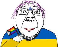 boylover_symbol flag flag:progress_pride_flag flag:ukraine glasses hair happy holding_flag lgbt mustache pedophile pride_flag purple_hair smile soyjak stubble tattoo text tranny ukraine variant:bernd // 880x719 // 175.8KB