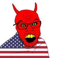 clothes devil flag glasses green_eyes horn monster mustache open_mouth pentagram red_skin soyjak star stubble united_states variant:feraljak yellow_teeth // 1500x1500 // 197.6KB