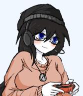 anime beanie blue_eyes blush closed_mouth clothes controller edit eyelashes female hair hand headphones holding_object necklace raised_eyebrow redraw smile smug variant:soytan // 380x438 // 37.1KB