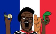 arm beret black_skin bread clothes country flag food france frog glasses hand hat holding_object mustache open_mouth scarf snail soyjak stubble toad tshirt variant:a24_slowburn_soyjak // 1130x690 // 29.6KB